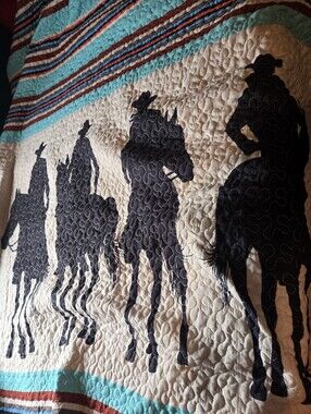 Western Horse Silhouette Quilted Comfort - Black on Cream with Turquoise Stripes